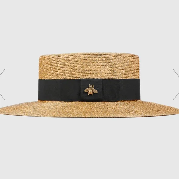 Gucci Gold Straw Boater Hat with Black Band - Picture 2 of 6